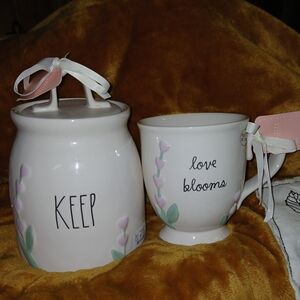 Rae Dunn Cream and Pink Canister and Mug Set